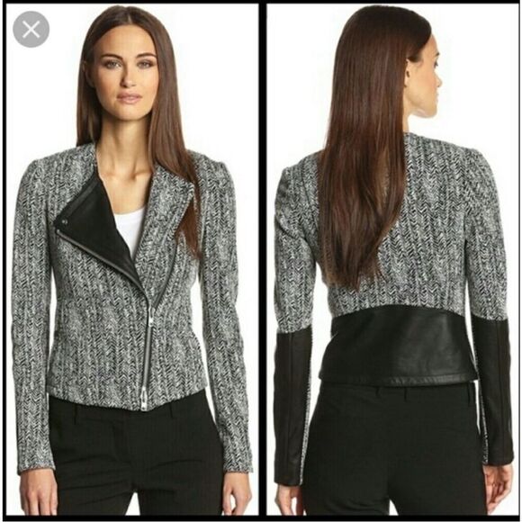 Theory Joean Herringbone Lamb Leather Trim Moto Jacket 2 Grey Black Biker - Picture 1 of 11